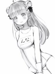 Rule 34 | 1girl, absurdres, ahoge, bare arms, bare shoulders, blunt bangs, blush, breasts, collarbone, cowboy shot, crescent, crescent earrings, dot nose, double bun, earrings, greyscale, hair bun, hair ribbon, highres, himemori luna, hololive, jewelry, long hair, looking at viewer, medium breasts, monochrome, name tag, nanashi (nlo), old school swimsuit, one-piece swimsuit, ribbon, school swimsuit, simple background, smile, solo, swimsuit, translated, v arms, virtual youtuber