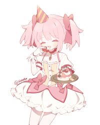 Rule 34 | 1girl, :d, bow, bubble skirt, cake, chest jewel, closed eyes, cowboy shot, food, fruit, gloves, hair bow, hat, highres, holding, holding food, holding fruit, holding plate, kaname madoka, looking at viewer, mahou shoujo madoka magica, mahou shoujo madoka magica (anime), open mouth, party hat, pink bow, pink hair, plate, roro (lolo), short twintails, simple background, skirt, smile, solo, strawberry, twintails, white background, white gloves
