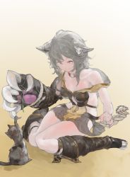 Rule 34 | 10s, 1girl, :3, animal, animal ears, animal hands, bare shoulders, black cat, breasts, cat, cat ears, cat paws, cat teaser, claw (weapon), cleavage, closed mouth, collar, dress, ears down, erune, gloves, granblue fantasy, grey hair, highres, long hair, looking down, medium breasts, n9+, off shoulder, orange eyes, paw gloves, sen (granblue fantasy), sitting, solo, strap slip, wariza, weapon