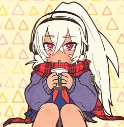 Rule 34 | 1girl, azur lane, blue shirt, blush, bodypaint, cardigan, coffee, coffee cup, commentary request, crossed bangs, cup, dark-skinned female, dark skin, disposable cup, expressionless, facepaint, feet out of frame, grey skirt, hair between eyes, headphones, high ponytail, holding, holding cup, kukino esuna, long hair, looking at viewer, minneapolis (azur lane), minneapolis (wild huntress schoolgirl) (azur lane), official alternate costume, open mouth, plaid, plaid scarf, purple cardigan, red eyes, red scarf, scarf, shirt, skirt, solo, triangle, very long hair, white hair, yellow background