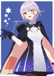Rule 34 | 1girl, :d, akagi kurage, black cape, black dress, black gloves, blue background, blue eyes, blush, brown cape, brown pantyhose, cape, character request, cowboy shot, dress, eyes visible through hair, gloves, hair ornament, hair over one eye, highres, open mouth, pantyhose, sennen sensou aigis, short hair, silver hair, smile, solo, standing, star (symbol), two-tone background, white background