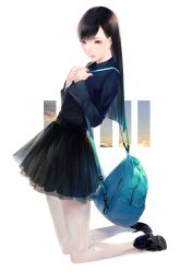 Rule 34 | 1girl, backpack, bag, black footwear, black hair, black shirt, black skirt, closed mouth, collared shirt, from side, full body, highres, kneeling, long hair, long sleeves, original, pantyhose, pink eyes, revision, shirt, shoes, skirt, solo, sousou (sousouworks), white background, white pantyhose, wing collar