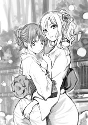 Rule 34 | 2girls, bad id, bad pixiv id, closed mouth, greyscale, hand on another&#039;s ass, hand on own ass, hand up, japanese clothes, kimono, long hair, looking at viewer, looking back, monochrome, multiple girls, obi, original, outdoors, parted lips, ponytail, pursed lips, sash, sidelocks, smile, upper body, wavy hair, yoropa