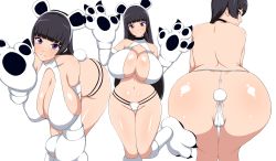Rule 34 | 1girl, absurdres, animal ears, animal hands, ass, back, bent over, black hair, blush, breasts, cleavage, fake animal ears, highres, hime cut, jabara tornado, large breasts, long hair, looking at viewer, multiple views, original, purple eyes, simple background, smile, tail, white background