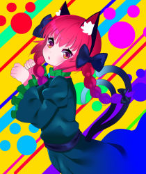 Rule 34 | 1girl, animal ears, bow, braid, cat ears, cat tail, dress, frilled sleeves, frills, hair bow, hair ribbon, kaenbyou rin, looking at viewer, multiple tails, open mouth, patterned background, paw pose, red eyes, red hair, ribbon, short hair with long locks, slit pupils, solo, tail, touhou, tress ribbon, twin braids, two tails, wide sleeves, yuujin (mhhnp306), yuujin (yuzinn333)