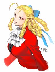 Rule 34 | 1girl, antenna hair, ascot, blonde hair, blue bow, bow, breasts, grin, hair bow, highres, jacket, long hair, medium breasts, orange eyes, red jacket, ringlets, simple background, smile, solo, street fighter, street fighter v, tombsakura, twitter username, upper body, white background