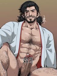 Rule 34 | 1boy, abs, bara, beard, black hair, brown background, censored, censored by text, chest hair, collarbone, commentary request, cowboy shot, erection, facial hair, grin, highres, japanese clothes, kimono, leg hair, long hair, looking at viewer, male focus, male pubic hair, mature male, muscular, muscular male, open clothes, open kimono, pectorals, penis, ponytail, pubic hair, rise of the ronin, sakamoto ryouma (rise of the ronin), shirako (kirupi), sitting, smile, solo, thick eyebrows, translation request, veins, veiny penis, white kimono