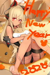 Rule 34 | 1girl, 2020, :&lt;, absurdres, ass, bare legs, bare shoulders, barefoot, black panties, blonde hair, collarbone, commentary request, hair ornament, happy new year, highres, holding, long hair, looking at viewer, nanakaku, new year, original, panties, red eyes, solo, stuffed animal, stuffed toy, underwear