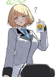 Rule 34 | 1girl, ?, absurdres, black thighhighs, blazer, blonde hair, blue eyes, blue necktie, blunt bangs, blush, breasts, chestnut mouth, collared shirt, commentary, cowboy shot, crying emoji, emoji, green halo, hair ornament, hairclip, halo, highres, holding, holding paper, jacket, long sleeves, looking at viewer, medium breasts, meme, necktie, original, paper, parted lips, raised eyebrow, reia 76, school uniform, shirt, short hair, sidelighting, simple background, sitting, skirt, solo, thighhighs, uohhhhhhhhh! (meme), white background, white shirt, white skirt