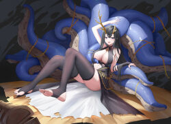 Rule 34 | 1girl, :p, absurdres, antlers, asymmetrical horns, azur lane, black dress, black hair, black nails, black thighhighs, blue eyes, breasts, chain, dress, golden hind (azur lane), highres, horns, kafeifeifeifeifeifei jiemo jun, knees up, large breasts, long hair, looking at viewer, mole, mole under mouth, navel, reindeer antlers, revealing clothes, sitting, solo, stirrup legwear, stomach, suction cups, tentacles, thighhighs, toeless legwear, tongue, tongue out, treasure chest