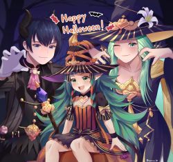 Rule 34 | 1boy, 2girls, alternate costume, blush, byleth (fire emblem), byleth (male) (fire emblem), costume, doiparuni, fire emblem, fire emblem: three houses, fire emblem heroes, flower, green eyes, green hair, halloween, halloween costume, happy halloween, hat, hat flower, highres, looking at viewer, matching hair/eyes, mother and daughter, multiple girls, nintendo, one eye closed, open mouth, pointy ears, rhea (fire emblem), smile, sothis (fire emblem), wink, witch, witch hat