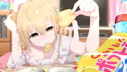 Rule 34 | 1girl, absurdres, barefoot, blonde hair, blurry, blurry background, bouen, brown eyes, chips (food), cola, commentary, depth of field, food, futaba anzu, highres, holding, idolmaster, idolmaster cinderella girls, looking at viewer, loose clothes, loose shirt, lying, mouth hold, on stomach, potato chips, shirt, soda bottle, solo