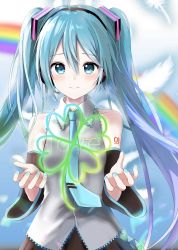 Rule 34 | 1girl, aqua eyes, aqua hair, aqua necktie, bare shoulders, black skirt, black sleeves, closed mouth, clover, collarbone, commentary, detached sleeves, english commentary, feathers, grey shirt, hair ornament, hatsune miku, headphones, headset, highres, holding, long hair, looking at viewer, necktie, rainbow, shirt, shoulder tattoo, skirt, sleeveless, sleeveless shirt, smile, solo, standing, tattoo, tsukiringo, twintails, upper body, very long hair, vocaloid