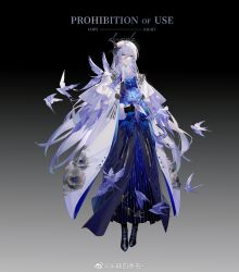 Rule 34 | 1boy, alternate costume, alternate eye color, ban tang siji qing, bird, bird hair ornament, black background, black coat, black flower, black footwear, black gloves, blue cape, blue eyes, blue flower, blue hakama, blue robe, blue sash, boots, buttons, cael anselm, cape, clenched hand, closed mouth, coat, floral print, flower, flower button, flower ornament, fur-trimmed sleeves, fur scarf, fur trim, gloves, gradient background, hair between eyes, hair flower, hair ornament, hakama, highres, japanese clothes, long bangs, long hair, long sleeves, looking at viewer, lovebrush chronicles, male focus, robe, sash, smile, solo, standing, tassel, tassel hair ornament, two-sided cape, two-sided fabric, very long hair, white cape, white hair