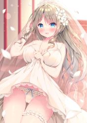 Rule 34 | 1girl, :d, blue eyes, blurry, blurry background, blush, bow, bow panties, bowtie, breasts, bridal gauntlets, bridal veil, cameltoe, cleavage, clothes lift, collarbone, commentary request, dress, dress lift, flower, gluteal fold, hair flower, hair ornament, hand in own hair, highres, large breasts, legs together, lifted by self, light brown hair, long hair, looking at viewer, open mouth, original, panties, petals, railing, smile, solo, stairs, suzukawa yui, teeth, thigh strap, thighs, tiara, underwear, upper teeth only, veil, very long hair, wedding dress, white dress, white panties