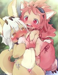 Rule 34 | 1girl, 1other, :d, animal ears, bikini, blush, body fur, breasts, commentary request, dagashi (daga2626), furry, furry female, furry with furry, goggles, goggles on head, hand on another&#039;s head, highres, looking at another, made in abyss, medium breasts, mitty (made in abyss), mitty (made in abyss) (furry), nanachi (made in abyss), open mouth, pink bikini, pink hair, red eyes, short hair, side-tie bikini bottom, smile, swimsuit, tail, teeth, upper teeth only, whiskers, white hair, yellow eyes, yuri