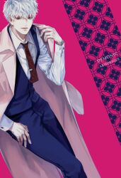 Rule 34 | 1boy, absurdres, blue pants, coat, commentary, english commentary, english text, highres, joshua von arnim, long sleeves, male focus, overcoat, pants, pink background, shirt, simple background, smile, solo, tales weaver, tatam (mmigaya), vest, watch, white hair, wristwatch