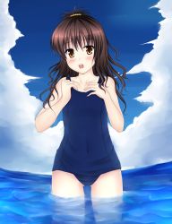 Rule 34 | 1girl, brown eyes, brown hair, female focus, flat chest, highres, long hair, one-piece swimsuit, outdoors, rennkuu, school swimsuit, sky, solo, submerged, swimsuit, to love-ru, wading, water, yuuki mikan
