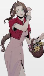 Rule 34 | adjusting hair, aerith gainsborough, basket, bracelet, brown hair, buttons, cowboy shot, cropped jacket, dress, final fantasy, final fantasy vii, final fantasy vii remake, flower, flower basket, green eyes, hair ribbon, highres, holding, holding basket, jacket, jewelry, long hair, oimo (oimkimn), parted lips, pink dress, pink flower, red jacket, ribbon, short sleeves, simple background, white background, white flower, yellow flower