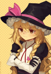 Rule 34 | 1girl, adapted costume, black gloves, blonde hair, boa (brianoa), bow, brown eyes, closed mouth, crossed arms, expressionless, frills, furrowed brow, gloves, hair between eyes, hair ribbon, hat, hat bow, highres, kirisame marisa, layered sleeves, long hair, long sleeves, pink bow, red ribbon, ribbon, short over long sleeves, short sleeves, simple background, solo, touhou, tress ribbon, upper body, witch hat, yellow background