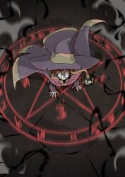 Rule 34 | 1girl, absurdres, bags under eyes, brown hair, bug, cloak, commentary, crack, cracked floor, english commentary, hands on floor, hat, highres, hongga, magic circle, original, pentagram, smoke, solo, spider, summoning, wide-eyed, witch, witch hat