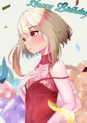 Rule 34 | absurdres, bare shoulders, blonde hair, dress, floral print, hand on own chest, happy birthday, highres, l plus l, light blush, nijigen project, nika lan linh, open mouth, red dress, red eyes, short hair, virtual youtuber