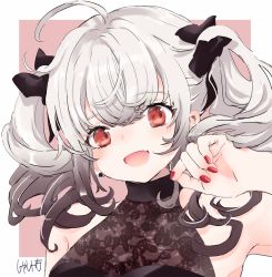 Rule 34 | 1girl, :d, ahoge, bare shoulders, black bow, black dress, blush, bow, brown background, covered collarbone, dress, earrings, grey hair, hair bow, hand up, highres, jewelry, long hair, looking at viewer, nail polish, open mouth, original, red eyes, red nails, sha2mo, signature, sleeveless, sleeveless dress, smile, solo, stud earrings, twintails, two-tone background, white background
