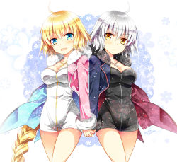 Rule 34 | 2girls, ahoge, alternate costume, back-to-back, blonde hair, blue eyes, braid, breasts, chain, cleavage, collarbone, commentary request, dual persona, closed eyes, fate/grand order, fate (series), fur collar, fur trim, holding hands, jeanne d&#039;arc (fate), jeanne d&#039;arc (ruler) (fate), jeanne d&#039;arc alter (fate), jeanne d&#039;arc alter (ver. shinjuku 1999) (fate), large breasts, long braid, long hair, looking at viewer, multiple girls, official alternate costume, open mouth, sakura tsubame, short hair, silver hair, single braid, twitter username, very long hair, yellow eyes