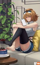 Rule 34 | 1girl, absurdres, bad id, bad pixiv id, bare arms, barefoot, black thighhighs, blue shorts, blush, breasts, brown hair, cake, cellphone, commission, couch, food, girls&#039; frontline, grin, grizzly mkv (girls&#039; frontline), highres, holding, holding phone, indoors, kobi420, large breasts, looking at viewer, no shoes, on couch, phone, pink eyes, plant, shirt, short hair, short shorts, shorts, single thighhigh, sleeveless, sleeveless shirt, smartphone, smile, solo, thighhighs, white shirt