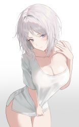 Rule 34 | 1girl, absurdres, blue eyes, blush, breasts, clothes pull, eonyan (chaeyang), faust (project moon), highres, large breasts, limbus company, project moon, shirt, shirt pull, white hair, white shirt