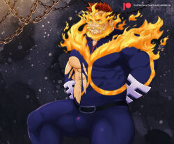 Rule 34 | 1boy, anger vein, arms behind back, bara, beard, blue bodysuit, bodysuit, boku no hero academia, bulge, covered abs, covered navel, daisukebear, endeavor (boku no hero academia), facial hair, feet out of frame, fiery hair, frown, large pectorals, looking to the side, male focus, mature male, midriff peek, muscular, muscular male, nipples, paid reward available, pectorals, red hair, scar, scar across eye, short hair, sitting, solo, spiked hair, stubble, thick thighs, thighs, torn bodysuit, torn clothes, underpec