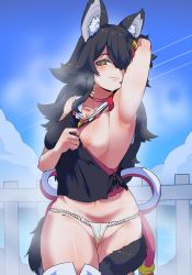 Rule 34 | 1girl, animal ear fluff, animal ears, armpits, black hair, breasts, cloud, fence, fundoshi, hair between eyes, hair ornament, hairclip, highres, hololive, japanese clothes, long hair, looking at viewer, moral cacoethes, multicolored hair, nipples, ookami mio, ookami mio (1st costume), red hair, sky, solo, steaming body, streaked hair, tail, virtual youtuber, wolf ears, wolf girl, wolf tail, yellow eyes