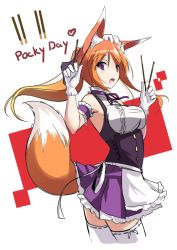 Rule 34 | 1girl, :d, animal ears, apron, breasts, brown hair, colorized, cowboy shot, english text, fatkewell, food, fox ears, fox tail, gloves, gradient hair, heart, highres, large breasts, maid, maid apron, maid headdress, multicolored hair, open mouth, original, pocky, ponytail, purple eyes, rika eastre, shirt, sketch, sleeveless, sleeveless shirt, smile, solo, tail, thighhighs, white gloves, white thighhighs, zettai ryouiki