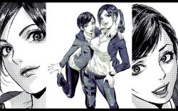 Rule 34 | 2girls, arm around shoulder, arm around waist, belt, casual, claire redfield, dress shirt, earrings, highres, holster, jacket, jewelry, katou teppei, lips, moira burton, monochrome, multiple girls, ponytail, resident evil, resident evil: revelations 2, shirt, short hair, side-by-side, very short hair