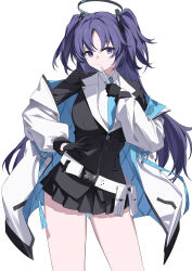 Rule 34 | 1girl, absurdres, black skirt, blue archive, blue necktie, blush, closed mouth, collared shirt, cowboy shot, elinnasky, formal, halo, highres, jacket, long hair, long sleeves, looking at viewer, mechanical halo, necktie, open clothes, open jacket, pleated skirt, purple eyes, purple hair, shirt, simple background, skirt, solo, suit, two side up, white background, white jacket, white shirt, yuuka (blue archive)