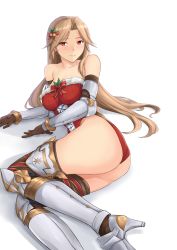 Rule 34 | 10s, 1girl, ass, bare shoulders, blush, breasts, brown hair, christmas, cleavage, collarbone, couter, granblue fantasy, hair ornament, high heels, highres, katalina (granblue fantasy), long hair, looking at viewer, looking to the side, lying, on side, red eyes, simple background, solo, terry (pixiv3274443), vambraces