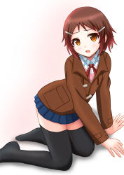Rule 34 | 1girl, :d, black thighhighs, blue skirt, bob cut, bow, bowtie, breasts, brown coat, brown eyes, brown hair, coat, commentary, duffel coat, freckles, from side, full body, furrowed brow, gradient background, hair ornament, hairclip, hands on ground, kneeling, light blush, lisbeth (sao), long sleeves, looking at viewer, looking to the side, natsuzakura yuuki, neck ribbon, nervous, no shoes, open mouth, pink background, pink sweater, pleated skirt, red bow, red bowtie, red ribbon, ribbon, school uniform, shadow, shirt, short hair, skirt, small breasts, smile, solo, sweater, sword art online, thighhighs, toggles, white background, white shirt, zettai ryouiki