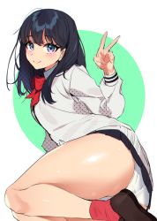 Rule 34 | 1girl, ass, bechu, black hair, black skirt, blue eyes, blush, bow, bowtie, breasts, brown footwear, cardigan, closed mouth, collared shirt, colored inner hair, eyelashes, green background, gridman universe, hair between eyes, korean commentary, long sleeves, looking at viewer, lying, medium breasts, medium hair, miniskirt, multicolored hair, on side, panties, pleated skirt, polka dot, red bow, red bowtie, red socks, shirt, shoes, simple background, skirt, smile, socks, solo, ssss.gridman, takarada rikka, thick thighs, thighs, underwear, v, white cardigan, white panties, white shirt