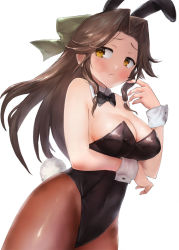 Rule 34 | 1girl, animal ears, black leotard, black pantyhose, blush, bow, bowtie, breast hold, breasts, brown eyes, brown hair, cowboy shot, detached collar, embarrassed, eyebrows, fake animal ears, fake tail, forehead, jintsuu (kancolle), jintsuu kai ni (kancolle), kantai collection, leotard, long hair, looking at viewer, medium breasts, pantyhose, playboy bunny, ponytail, rabbit ears, rabbit tail, simple background, solo, strapless, strapless leotard, tail, toka (marchlizard), white background, wrist cuffs