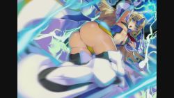 Rule 34 | 1girl, :o, akaga hirotaka, arm up, armor, armpits, ass, blazblue, blonde hair, blue eyes, blurry, breasts, c-string, center opening, chestnut mouth, dutch angle, elbow gloves, electricity, floating hair, forehead protector, from below, gloves, glowing, greaves, leotard, long hair, mecha musume, mechanical wings, motion blur, mu-12, navel, neon trim, official art, open mouth, parted bangs, pillarboxed, robot ears, small breasts, smoke, solo, strapless bottom, thighhighs, thong, underboob, very long hair, weapon, wings