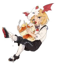 Rule 34 | 1boy, black footwear, blonde hair, blue eyes, blush, bow, bowtie, brown bow, brown bowtie, collared shirt, food, food in mouth, food on face, food on head, fruit, granblue fantasy, head wings, invisible chair, leg up, looking at viewer, male focus, mouth hold, object on head, pancake, pointy ears, shingeki no bahamut, shirt, shoes, shorts, simple background, sitting, socks, solo, strawberry, suspender shorts, suspenders, veight, wataichi meko, white background, white shirt, white socks, wing collar, wings