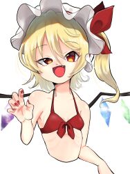 Rule 34 | bikini, blonde hair, breasts, collarbone, cropped torso, fang, fingernails, flandre scarlet, hair between eyes, hat, hat ribbon, highres, looking at viewer, medium hair, mob cap, multicolored wings, nail polish, open mouth, petarikooo, red bikini, red eyes, red nails, red ribbon, ribbon, sharp fingernails, side ponytail, simple background, skinny, small breasts, swimsuit, touhou, upper body, white background, white hat, wings