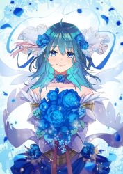 Rule 34 | 1girl, ahoge, alternate costume, bare shoulders, blue eyes, blue flower, blue hair, blue rose, blush, bouquet, bridal veil, bride, bride (fire emblem), byleth (female) (fire emblem), byleth (fire emblem), choker, closed mouth, collarbone, commentary, detached sleeves, dress, english commentary, fire emblem, fire emblem: three houses, flower, hair between eyes, highres, holding, holding bouquet, ichino tomizuki, lips, long hair, looking at viewer, nintendo, petals, rose, smile, solo, veil, wedding dress, white dress