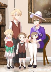 Rule 34 | 2boys, 3girls, aether (genshin impact), aged up, blonde hair, bouquet, bracelet, brother and sister, brown hair, clock, family, father and daughter, father and son, flower, genshin impact, grandfather clock, green eyes, hat, highres, holding, holding bouquet, holding hands, husband and wife, if they mated, jewelry, lisa (genshin impact), loafers, looking at viewer, mary janes, mother and daughter, mother and son, multiple boys, multiple girls, necklace, painting (object), photo (medium), ponytail, shoes, siblings, sisters, sitting, sleeveless, sleeveless jacket, smile, thighhighs, twitter username, yellow eyes, yuushiba