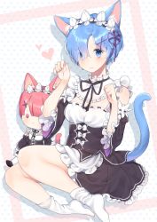 Rule 34 | 10s, 1girl, absurdres, animal ears, black dress, black ribbon, blue eyes, blue hair, blush, breasts, cat ears, cat girl, cat tail, character doll, closed mouth, commentary request, detached sleeves, dress, fingernails, hair over one eye, hair ribbon, hands up, heart, heart background, highres, juliet sleeves, kemonomimi mode, long sleeves, looking at viewer, medium breasts, moffle (ayabi), no shoes, paw pose, puffy sleeves, purple ribbon, ram (re:zero), re:zero kara hajimeru isekai seikatsu, red eyes, red hair, rem (re:zero), ribbon, ribbon-trimmed clothes, ribbon trim, short hair, siblings, sisters, sleeveless, sleeveless dress, sock pull, socks, solo, tail, twins, white socks, wide sleeves