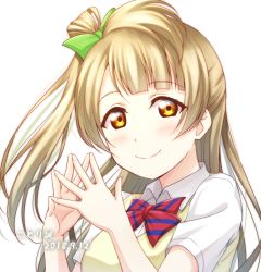 Rule 34 | 10s, 1girl, 2018, anibache, blush, bow, bowtie, character name, dated, grey hair, hair bow, happy birthday, long hair, looking at viewer, love live!, love live! school idol project, minami kotori, one side up, red bow, red bowtie, short sleeves, smile, solo, steepled fingers, striped bow, striped bowtie, striped clothes, striped neckwear, sweater vest, upper body, yellow eyes