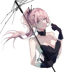 Rule 34 | 1girl, arm up, bare shoulders, black dress, black gloves, blue eyes, breasts, closed mouth, collarbone, cropped torso, dress, girls&#039; frontline, gloves, highres, holding, holding umbrella, lips, long hair, looking at viewer, official alternate costume, pink hair, shinyuxo, short ponytail, small breasts, solo, st ar-15 (girls&#039; frontline), st ar-15 (prisoner of the dream) (girls&#039; frontline), strapless, strapless dress, umbrella, upper body, white background
