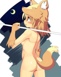 Rule 34 | 1girl, animal hat, ass, back, blush, brown hair, crescent moon, fireflysnow, fox tail, from behind, hat, moon, moonlight flower, nude, over shoulder, ragnarok online, red eyes, solo, tail