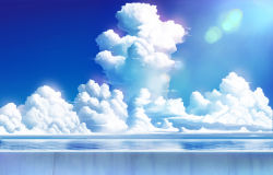Rule 34 | blue sky, cloud, cloudy sky, commentary request, day, hankachi (okayama012), highres, horizon, lens flare, no humans, ocean, original, outdoors, pier, scenery, shore, sky, sunlight