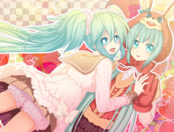 Rule 34 | animal ears, aqua eyes, aqua hair, bloomers, bow, bowtie, dual persona, food, frills, fruit, gloves, hatsune miku, holding hands, lol -lots of laugh- (vocaloid), long hair, looking back, lots of laugh, rabbit, rabbit ears, sasakinaoto, scrunchie, skirt, smile, strawberry, twintails, underwear, very long hair, vocaloid